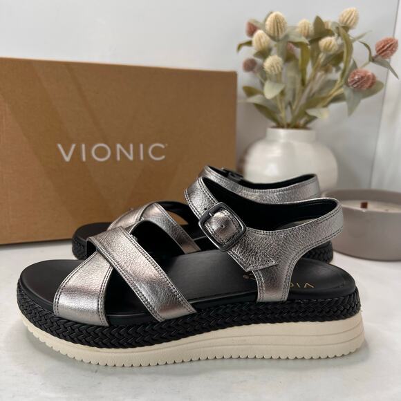 Vionic Mar Leather Strappy Platform Sandal Pewter Buckle I8675L9020 Women 6M NWB - Picture 3 of 11